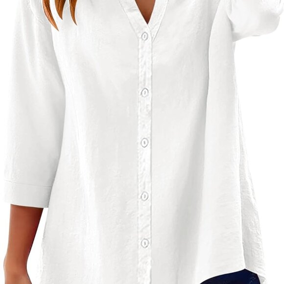 Womens 3/4 Sleeve Button Down Shirts Cotton Linen Roll Up Short Sleeve Tops V Ne - Picture 1 of 6